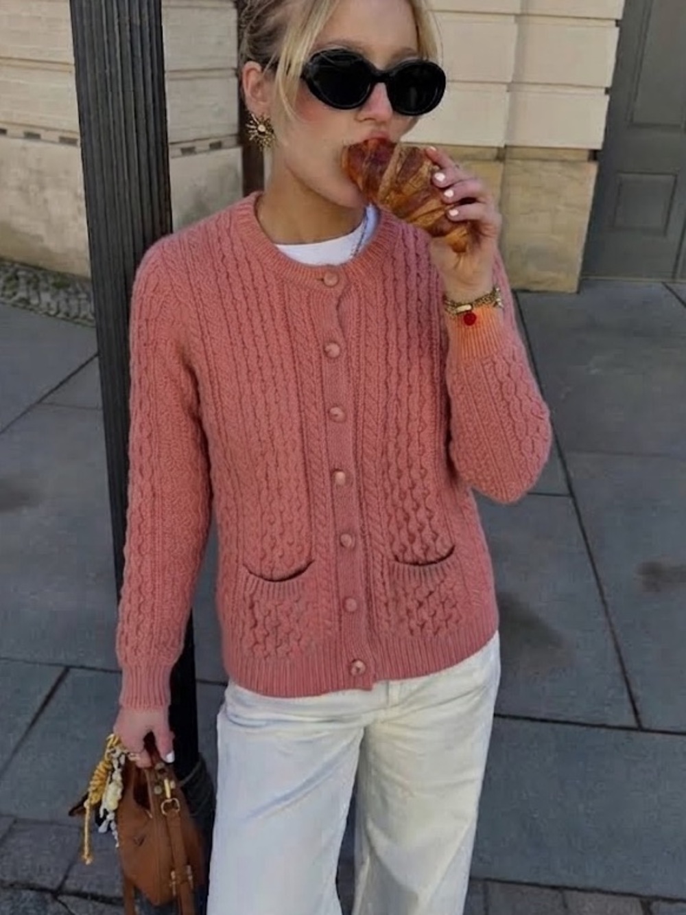 Aran Crafts Merino Wool Chunky Cable Knit Cardigan Sweater Coral Pink M Ireland